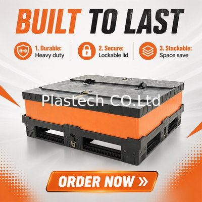 Caja plegable para almacenamiento y transporte, Caja de paleta plegable resistente apilable, Contenedor a granel con tapa y base de plástico